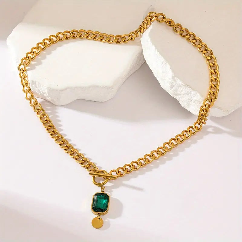 Chunky Chain Emerald Pendant Necklace | Gull